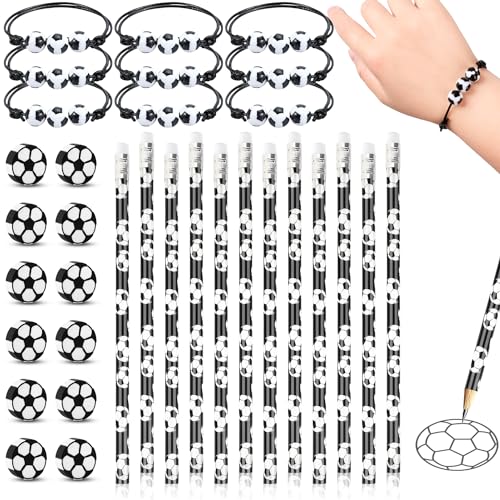 Rdlobu 36 Stück Fußball Mitgebsel Set 12 Fußball Bleistifte + 12 Fußball Radiergummi + 12 Fußball Armband, Fussball Mitgebsel für Schule, Fußball-Themen-Kindergeburtstag Gastgeschenke von Rdlobu