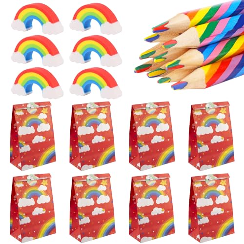 Rdlobu 36 Stück Regenbogenstift Set, 12 Regenbogen Buntstifte + 12 Regenbogen Radiergummis + 12 Regenbogen-Geschenktüte aus Kraftpapier, Regenbogenstifte für Kinder - Ideal Kinder Geschenke für Kinder von Rdlobu