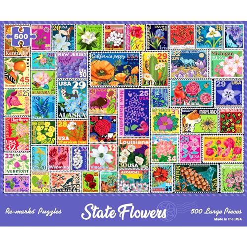 Re-marks State Flowers Stamp Collage Jigsaw Puzzle, 500 Large Piece Jigsaw Puzzle for All Ages von Re-Marks