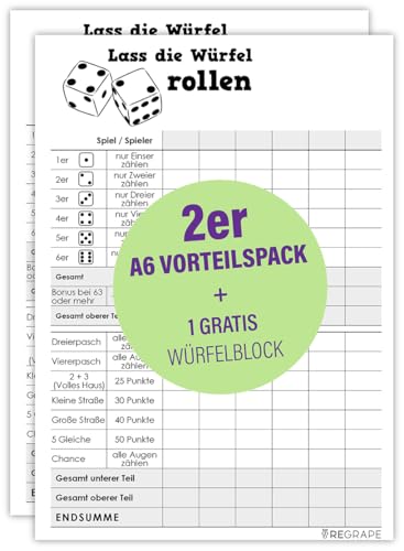 Vorteilspaket 3 x Ersatz Würfelblock + 1 x Gratis Spielstandsblock, A6, Qualitätspapier, Durchschlagsicher, Made in Germany, umweltfreundlicher Druck von ReGrape