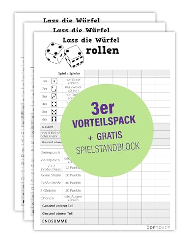 Vorteilspaket 4 x Ersatz Würfelblock + 1 x Gratis Spielstandsblock, A6, Qualitätspapier, Durchschlagsicher, Made in Germany, umweltfreundlicher Druck von ReGrape