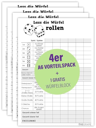 Vorteilspaket 5 x Ersatz Würfelblock + 1 x Gratis Spielstandsblock, A6, Qualitätspapier, Durchschlagsicher, Made in Germany, umweltfreundlicher Druck von ReGrape