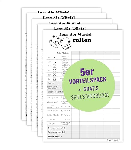 Vorteilspaket 5 x Ersatz Würfelblock + 1 x Gratis Spielstandsblock, A6, Qualitätspapier, Durchschlagsicher, Made in Germany, umweltfreundlicher Druck von ReGrape