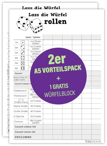 Vorteilspaket 2 x Ersatz Würfelblock + 1 x Gratis Würfelblock, A5, Qualitätspapier, Durchschlagsicher, Made in Germany, umweltfreundlicher Druck von ReGrape