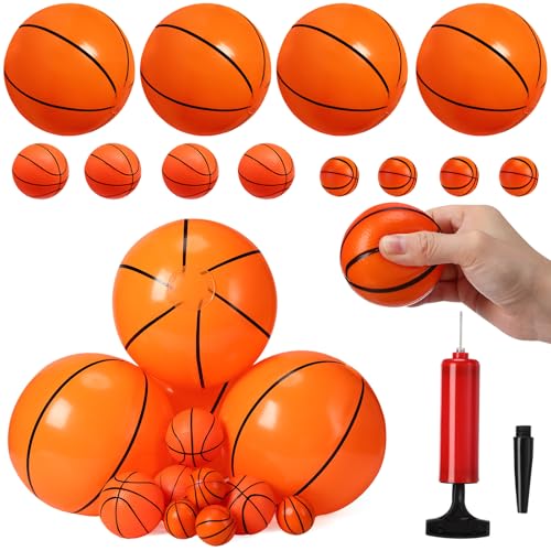 Realspring 13-teiliges Basketball-Set beinhaltet aufblasbare Basketbälle, 40,6 cm, Gummi-Sportball, 11,9 cm, kleiner Quetsch-Sportball für Spaß im Freien und Hinterhof, Pool, Basketball, Partyzubehör, von Realspring