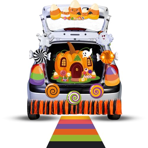 Realspring Halloween Kofferraum oder Leckerli Auto Dekorationen Kit Candy Corn Auto Dekorationen Kürbis Lutscher Süßigkeiten Mais Ausschnitte Geist Ballons Quaste Banner für Outdoor Auto Torbogen von Realspring