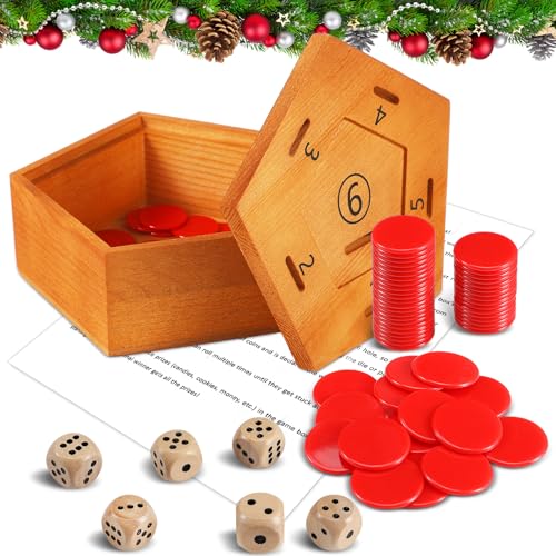 Realspring Weihnachts-Penny-Spiel-Set beinhaltet strategische Würfelspiele, Penny-Spiel, Holzbox, 6 Holzwürfel, 60 rote Kunststoffmünzen für 2–6 Spieler mit Familienfreunden (14 x 14 x 6 cm, Pentagon) von Realspring