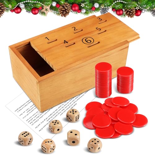 Realspring Weihnachts-Penny-Spiel-Set beinhaltet strategische Würfelspiele, Penny-Spiel, Holzbox, 6 Holzwürfel, 60 rote Kunststoffmünzen für 2–6 Spieler mit Familienfreunden (17,5 x 9,9 x 7,1 cm, von Realspring