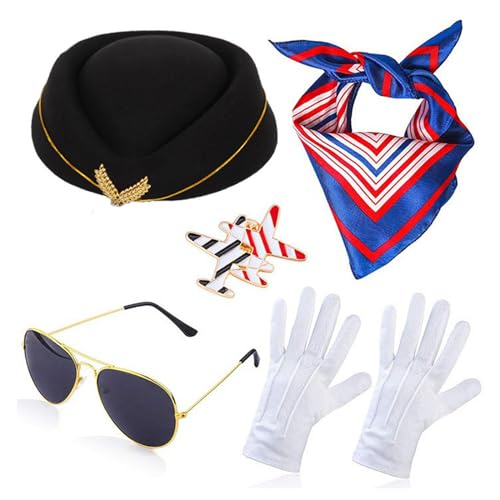 Rebellious Stewardess Party Stewardess Hut Sonnenbrille Schal Party Maskeraden Party Cosplay Für Halloween Rollenspiel Kostüm Stewardess Hut Für Frauen von Rebellious