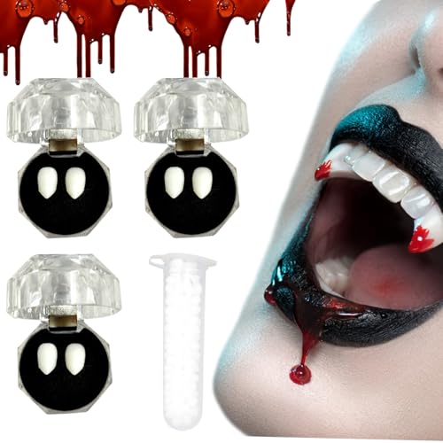 3 Paar Halloween Vampirzähne Gebiss Fangs,Gefälscht Zähne mit Pellets Kleber, Halloween Vampirzähne Cosplay Requisiten für Cosplay, Halloween Kostüm Make-up,Requisiten, Halloween, Dämon, Hexe (1.7 cm) von Recitem