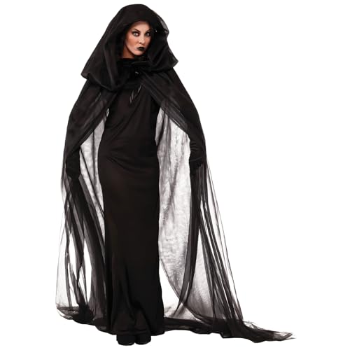 Recitem Halloween Kostüm Damen Geisterbraut Schwarze Königin Vampir Hexenkostüm Maleficent Kostüm Karnevalskostüm Langkleid Erwachsene Umhang Vampire Costume (Schwarz, L) von Recitem