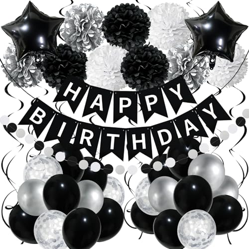 Recosis Schwarz Weiß Geburtstagsdeko, Happy Birthday Banner mit Pompoms Papier Girlande Wimpel Spiral und Luftballon Kindergeburtstag für Mädchen Junge Mann Frauen Geburtstags Dekorationen von Recosis