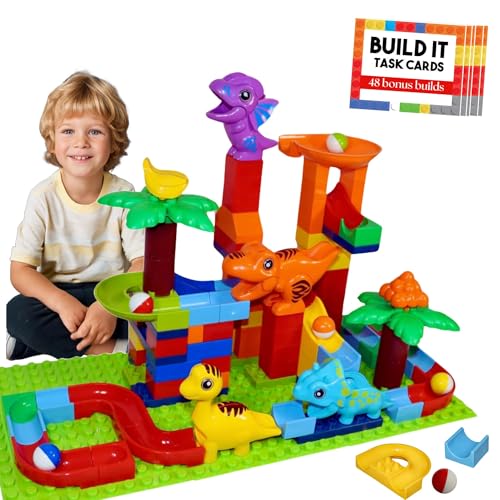 Kugelbahn für Kinder ab 3–5 Jahren (160 Stück + 3 Grundplatten) – Dino Dash Baustein-Marmorbahn kompatibel mit Duplo Blöcken, STEM-Marmorbahn-Set – Montessori-Marmorbahnen für Kinder von 4–8 Jahren – von Red Apple Toys