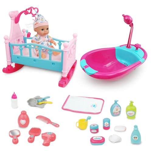 RedCrab Baby Puppe Zubehör Spielset- 2in1 Puppe Bett und Badewanne mit Funktionierender Dusche, 24pcs Spielset Puppen Badewanne Set mit Miniaturbett, Baby Doll Spielset Geschenk für Mädchen Jungen von RedCrab