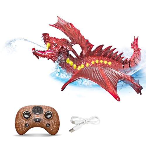 RedCrab Ferngesteuertes Dinosaurier Spielzeug, 2.4GHz RC Boot Dino Wasserspielzeug für Kinder mit Licht und Wassersprühfunktion, Elektrische Pool Spielzeug Geschenke für Jungen Mädchen(Rot) von RedCrab