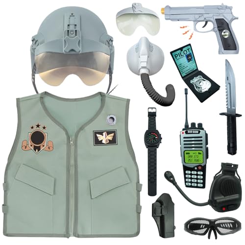 RedCrab Kampfjet Pilot Kostüm Kinder mit Helm, Weste, Sauerstoffmaske, Walkie Talkie und Anderes Zubehör, Rollenspiel Pilot Kleidung Spielzeug für Kinder Jungen Halloween Karneval Kostüm Cosplay von RedCrab