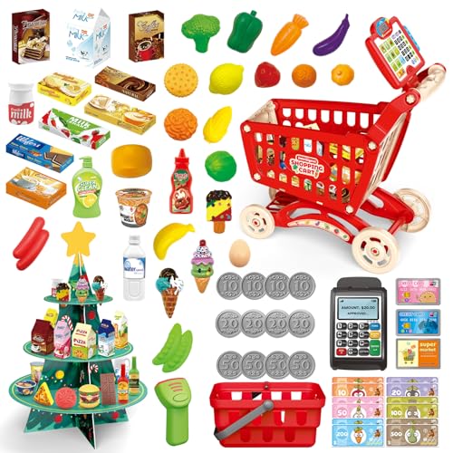 RedCrab Kinder Einkaufswagen Wagen mit Kinderkasse und Weihnachtsbaum-Regal, 84Pcs Kaufmannsladen Spielset: Obst, Gemüse, Lebensmittel, Eiscreme und Geld Spielen Rollenspiel ab 3 Jahren(Rot) von RedCrab