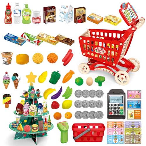 RedCrab Kinder Einkaufswagen Wagen mit Kinderkasse und Weihnachtsbaum-Regal, 84Pcs Kaufmannsladen Spielset: Obst, Gemüse, Lebensmittel, Eiscreme und Geld Spielen Rollenspiel ab 3 Jahren(Rot) von RedCrab