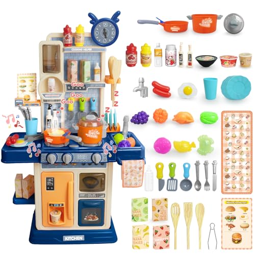 RedCrab Kinderküche Spielküche Set, 45 Stück Kinderküchenzubehör mit Dampf-Effekt & Ton und Licht Funktionen, Küchenspielzeug Rollenspiel für Kinder Jungen Mädchen ab 3 Jahre (Blau) von RedCrab