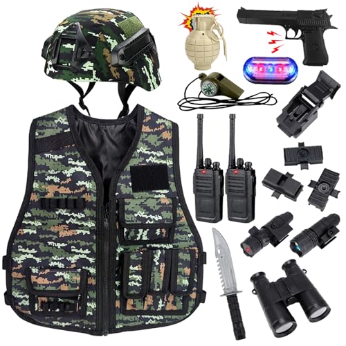 RedCrab Kostüm Soldat Kinder, Militär Spielzeug für Kinder mit Militär Helm, Militärweste, Walkie-Talkie und Anderes Zubehör, Soldat Rollenspiel Halloween Karneval Kostüm für Kinder Jungen von RedCrab