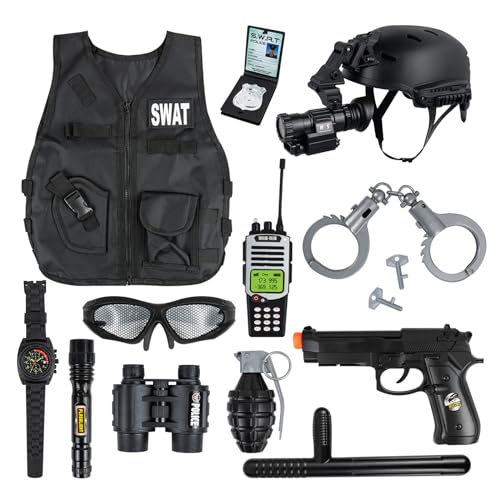 RedCrab Polizei Kostüm Kinder, Swat Kostüm Kinder mit Helm, Weste, Handschellen, Walkie Talkie, Fernrohre, Rollenspiel Kinder Polizei Spielzeug für Kinder Jungen Halloween Karneval von RedCrab