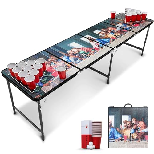 RedCupShop® Bierpong Tisch 'Letztes Abendmahl' Set | Klappbarer Tisch inkl. 25 Bechern & 4 Bällen | Wasserabweisend & Kratzfest | Tragbarer Beer Pong Tisch von RedCupShop