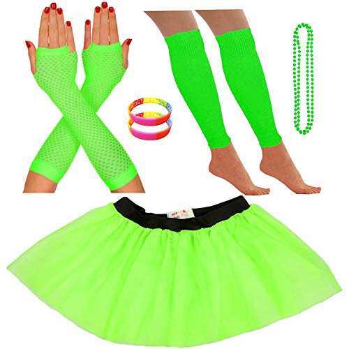 REDSTAR FANCY DRESS® - Tutu-Röckchen, Beinstulpen, Netzhandschuhe, Perlenkette und breite Gummiarmbänder - Neonfarben - Grün - 36-40 von REDSTAR FANCY DRESS