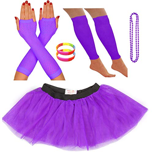 REDSTAR FANCY DRESS® - Tutu-Röckchen, Beinstulpen, Netzhandschuhe, Perlenkette und breite Gummiarmbänder - Neonfarben - Lila - 36-40 von REDSTAR FANCY DRESS