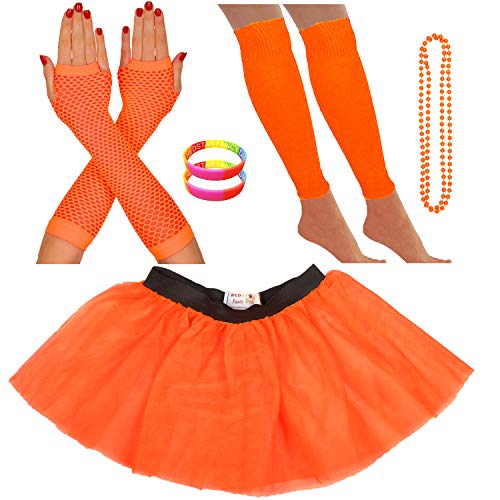 Redstar Fancy Dress® - Tutu-Röckchen, Beinstulpen, Netzhandschuhe, Perlenkette und breite Gummiarmbänder - Neonfarben - Orange - 36-40 von Redstar Fancy Dress