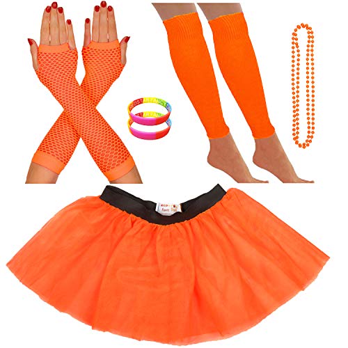 REDSTAR FANCY DRESS® - Tutu-Röckchen, Beinstulpen, Netzhandschuhe, Perlenkette und breite Gummiarmbänder - Neonfarben - Orange - 36-40 von REDSTAR FANCY DRESS