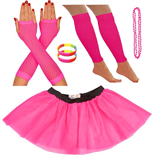 REDSTAR FANCY DRESS® - Tutu-Röckchen, Beinstulpen, Netzhandschuhe, Perlenkette und breite Gummiarmbänder - Neonfarben - Pink - 42-50 von REDSTAR FANCY DRESS