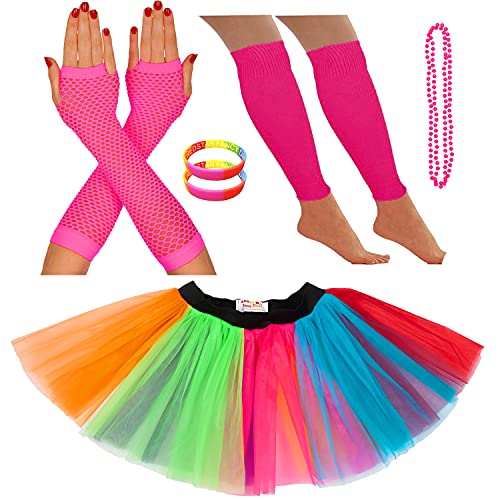 REDSTAR FANCY DRESS® - Tutu-Röckchen, Beinstulpen, Netzhandschuhe, Perlenkette und breite Gummiarmbänder - Neonfarben - Regenbogen - 36-40 von REDSTAR FANCY DRESS