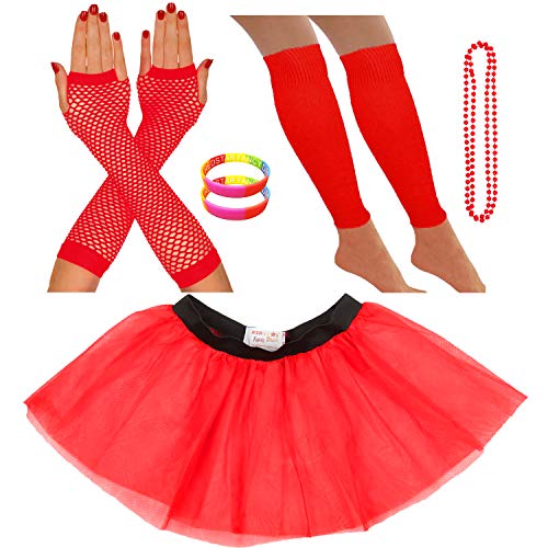 REDSTAR FANCY DRESS® - Tutu-Röckchen, Beinstulpen, Netzhandschuhe, Perlenkette und breite Gummiarmbänder - Neonfarben - Rot - 42-50 von REDSTAR FANCY DRESS