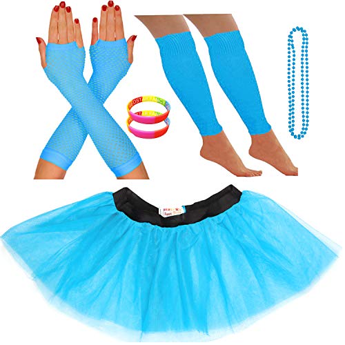 REDSTAR FANCY DRESS® - Tutu-Röckchen, Beinstulpen, Netzhandschuhe, Perlenkette und breite Gummiarmbänder - Neonfarben - Türkis - 36-40 von REDSTAR FANCY DRESS