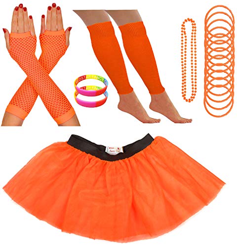 REDSTAR FANCY DRESS - Tutu-Röckchen, Beinstulpen, Netzhandschuhe, Perlenkette, schmale Gummiarmbänder und breite Armbänder - Neonfarben - Orange - 36-40 von REDSTAR FANCY DRESS