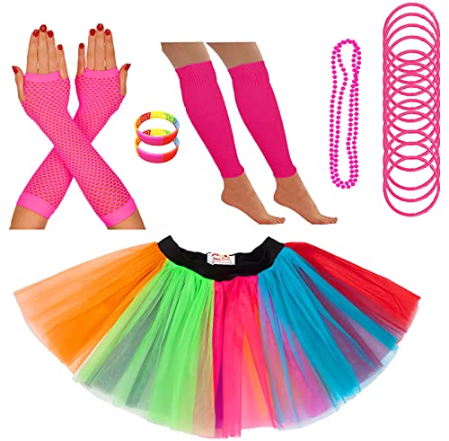 Redstar Fancy Dress - Tutu-Röckchen, Beinstulpen, Netzhandschuhe, Perlenkette, schmale Gummiarmbänder und breite Armbänder - Neonfarben - Regenbogen - 42-50 von Redstar Fancy Dress