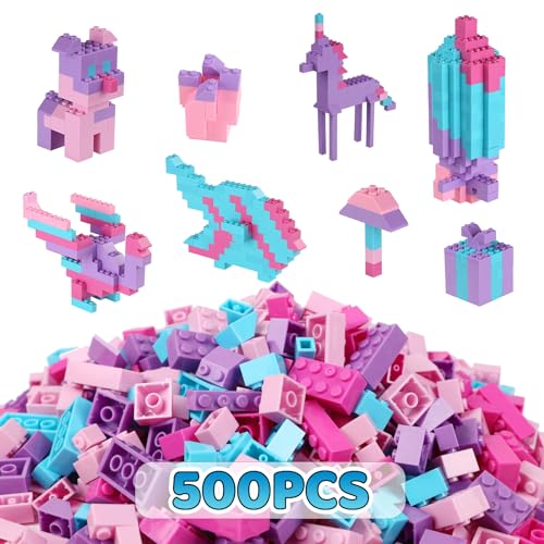 Bauklötze 500PCS Set, Klassische Bauklötze Sets, Rosa Bauklötze Spielzeug für Mädchen, Kompatibel mit Lego, Pastellfarbene Bauklötze für Mädchen, Geburtstag Kinder von Reenwee