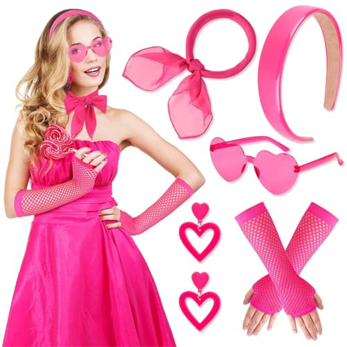 MPQDFG 80er 90er Jahre Outfit Damen, Haarreif Rosa Stirnband Ohrringe Rosa Herz Ohrringe Herz Sonnenbrille Halstuch Netzhandschuhe 90er 80er Halloween Kostüm Karneval Costume Pink Costume Accessories von MPQDFG