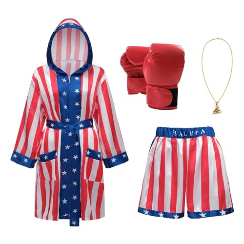 Regenboog Boxkostüm mit amerikanischer Flagge, Herren und Damen, Satin-Boxer-Bademantel, Shorts, Gürtel, Boxhandschuhe, USA-Robe, Halloween-Kostüm, Größe S, Us-flagge von Regenboog