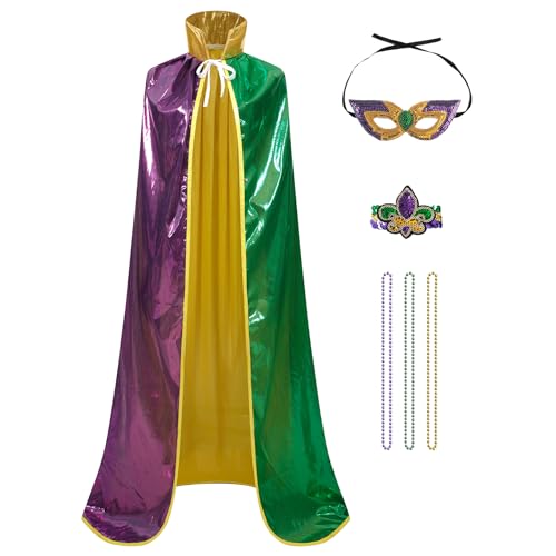 Regenboog Mardi Gras Umhang Umhang für Damen und Herren, Karneval Kostüm Zubehör Erwachsene, Halloween Cotstume, 3 Farben mit Kragen, 67inch from neckline to hem von Regenboog