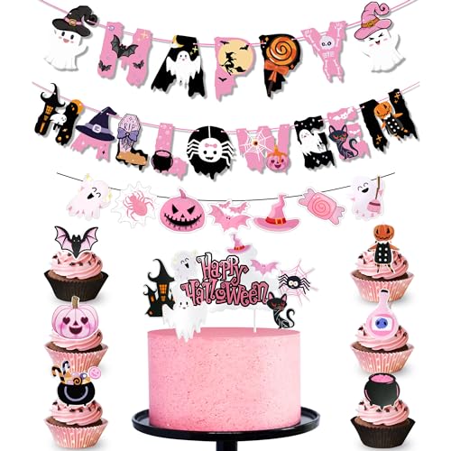 Regendeko Rosa Happy Halloween Tortendeko Banner Kuchendeko Cupcake Toppers Tortenstecker von Regendeko