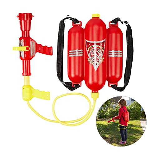 2 x Feuerwehr Wasserspritze, 2,5 l Wassertank, 5 m Reichweite, 2 Sprühfunktionen, Löschrucksack Kinder, rot-gelb von Relaxdays