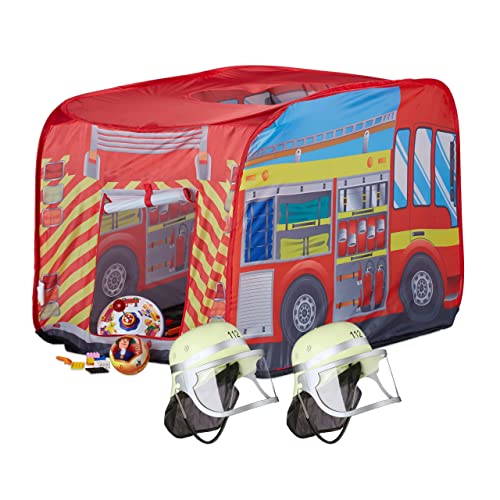 3 tlg. Feuerwehr Set, Spielzelt Feuerwehr, 2X Feuerwehrhelm Kinder, Kinderzelt für Drinnen & Draußen, ab 3, mehrfarbig von Relaxdays