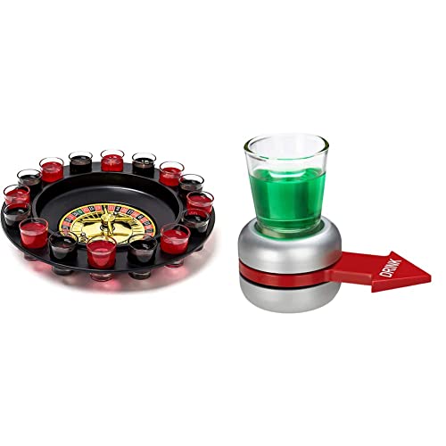 Relaxdays 10010182 Roulette Trinkspiel, Partyspiel mit Drehrad, rot/schwarz & Trinkspiel Spin The, Flaschendrehen, roter Pfeil, 2 cl Shotglas, lustiges Partyspiel, Shot Spinner, grau von Relaxdays