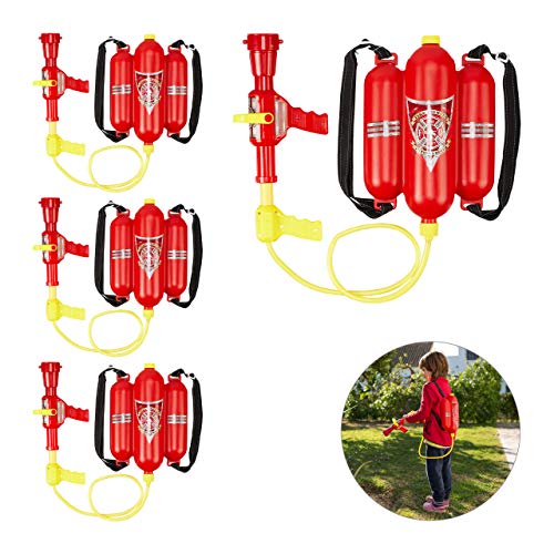 Relaxdays 10027680 Feuerwehr Wasserspritze, 2,5 l Wassertank, 5 m Reichweite, 2 Sprühfunktionen, Löschrucksack Kinder, rot-gelb von Relaxdays