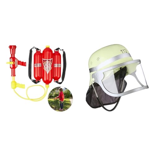 Relaxdays 10027680 Feuerwehr Wasserspritze, 2,5 l Wassertank & 10021335 Feuerwehrhelm Kinder, verstellbar, klappbares Visier, Nackentuch, Feuerwehr, HxBxT: 24,5 x 22,5 x 28 cm, gelb von Relaxdays