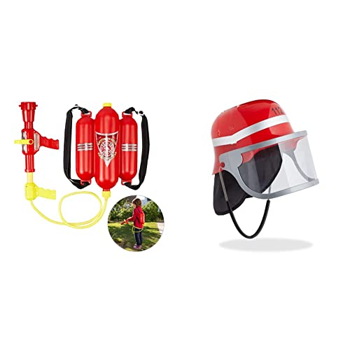 Relaxdays 10027680 Feuerwehr Wasserspritze,2 & Feuerwehrhelm Kinder, mit Visier, Nackentuch & Kinnriemen, Verstellbarer Kopfumfang, Feuerwehrmann Helm, rot von Relaxdays