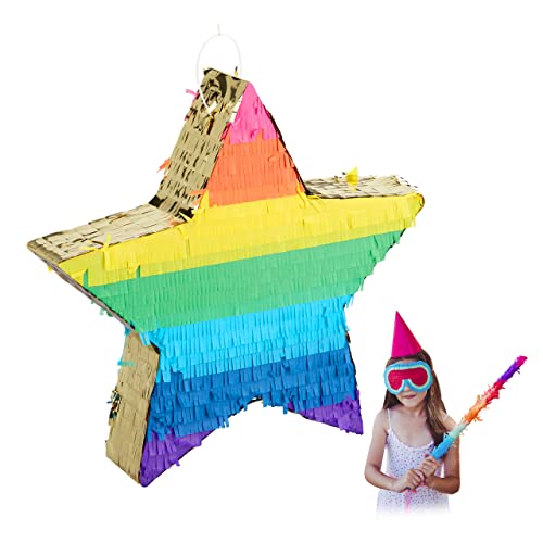 Relaxdays 10031478 Pinata Stern, Partypinata zum Befüllen, Kinder & Erwachsene, Regenbogen, Schlagpinata zum Aufhängen, bunt-gold von Relaxdays