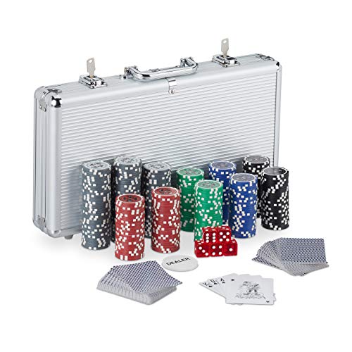 Relaxdays 10031551 Pokerkoffer, 300 Laser Pokerchips, 2 Kartendecks, 5 Würfel, Dealer Button, verschließbar, Aluminium, silber von Relaxdays