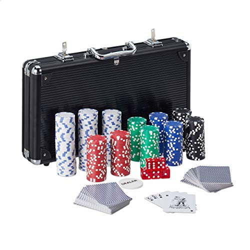 Relaxdays 10031552 Pokerkoffer, 300 Pokerchips ohne Wert, 2 Kartendecks, 5 Würfel, Dealerbutton, abschließbar, Aluminium, schwarz von Relaxdays